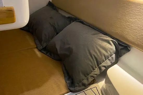 Slide: The Image of 2024 Hanover 305 White & Gray Edition interior with cozy bedding and pillows. - 11