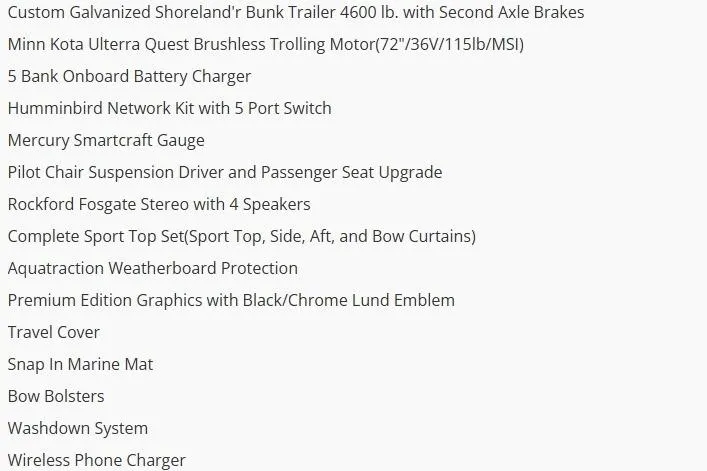 Slide: The Image of 2026 Lund 2275 Baron features list with premium upgrades and accessories. - 7