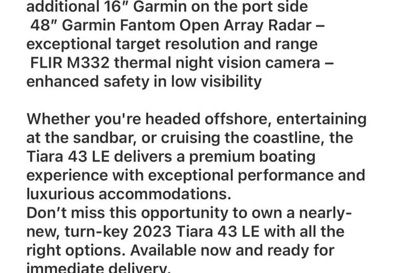 Slide: The Image of 2023 Tiara Yachts 43 LS features advanced Garmin radar and FLIR night vision for enhanced safety. - 29