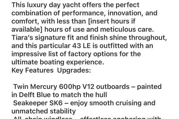Slide: The Image of 2023 Tiara Yachts 43 LS description highlighting luxury, performance, and key features like twin Mercury 600hp engines. - 31