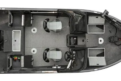Slide: The Image of 2026 Crestliner 1750 HAWK WT boat interior, top view, featuring seating and storage compartments. - 15