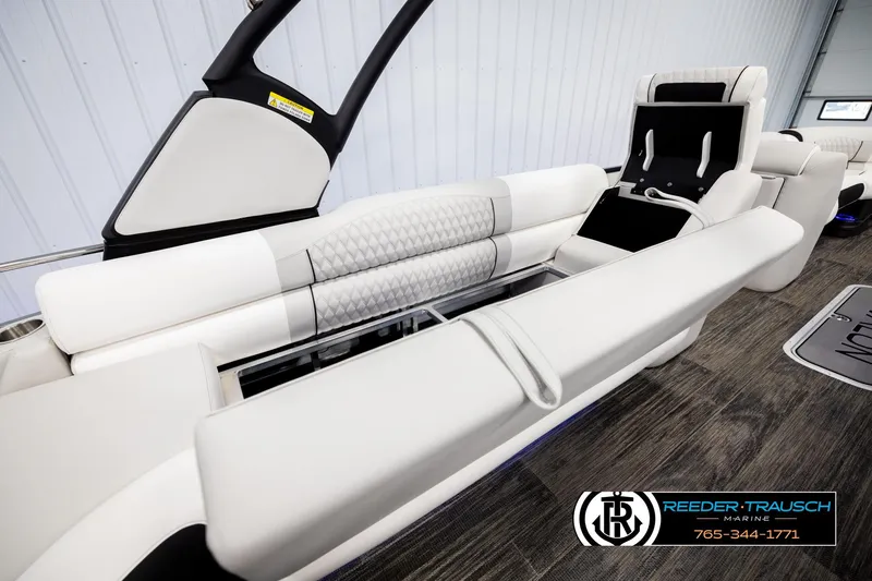Slide: The Image of Luxurious interior of 2026 Avalon Excal LTD CRB boat with plush seating and modern design. - 22