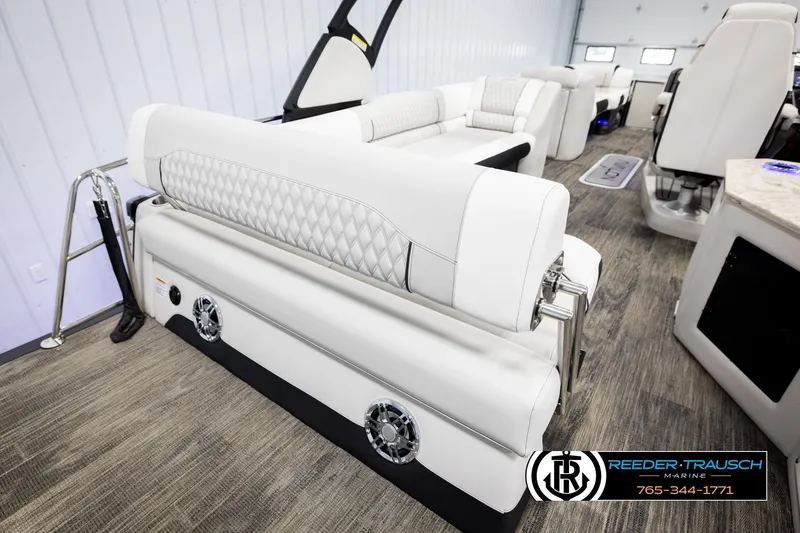 Slide: The Image of Luxurious interior of 2026 Avalon Excal LTD CRB boat with plush seating and modern design. - 27