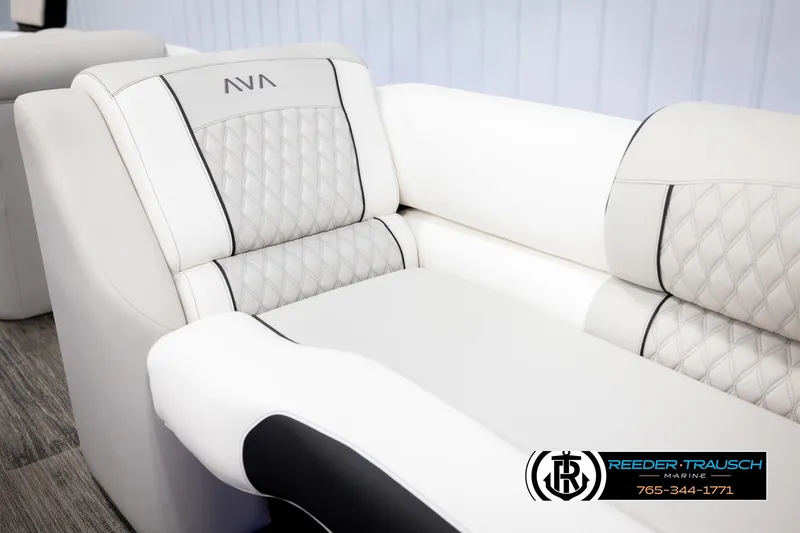 Slide: The Image of Luxurious white seating in 2026 Avalon Excal LTD CRB boat, featuring diamond stitching and sleek design. - 41