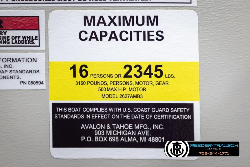 Slide: The Image of Maximum capacity label for Avalon Excal LTD CRB 2026, 16 persons or 2345 lbs. - 61