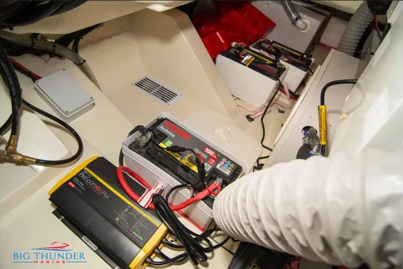 Slide: The Image of Electrical system inside 2024 Capoforte FX270 boat, featuring batteries and wiring components. - 32