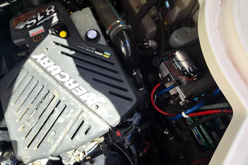 Slide: The Image of Engine compartment of 2003 Sea Ray 340 Sundancer with MerCruiser 8.1S motor. - 27