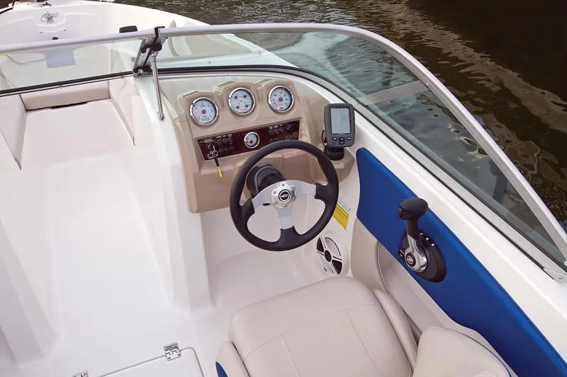 Slide: The Image of Manufacturer Provided Image: 2012 Chaparral 18 Ski & Fish H2O boat cockpit with steering wheel and gauges. - 33