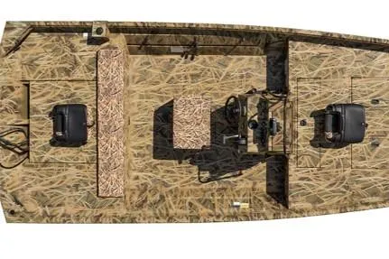 Slide: The Image of 2026 Crestliner 1870 Retriever FCC boat, aerial view, camo design, spacious layout. - 12
