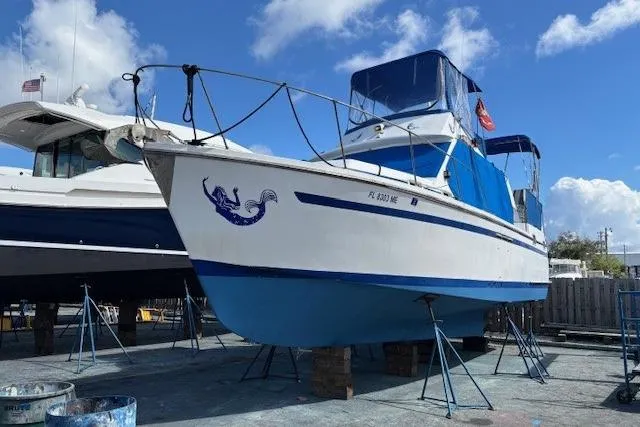 Slide: The Image of 1979 Custom Sun Harbor Sundeck Trawler on dry dock, blue and white hull, nautical design. - 41