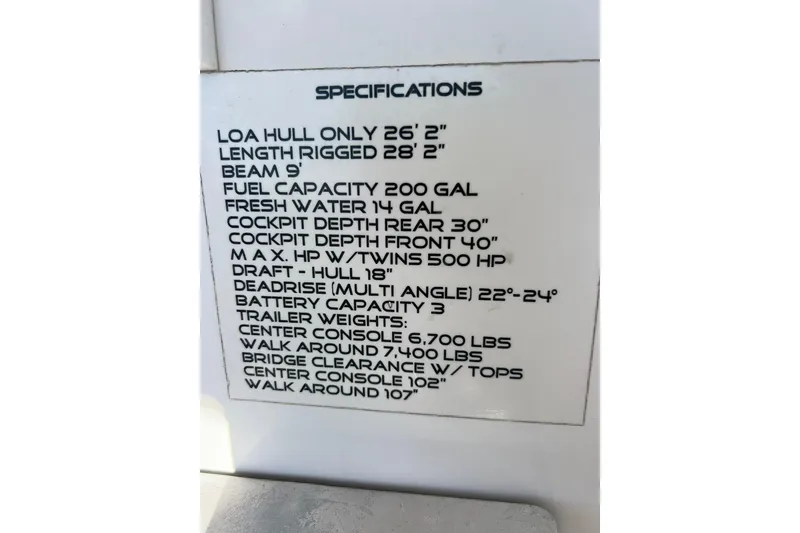 Slide: The Image of Specifications plaque for 2013 Sailfish 270 CC boat, detailing dimensions and capacities. - 42