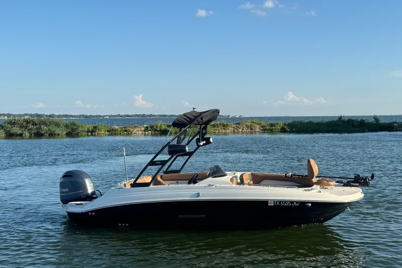 Slide: The Image of 2021 Stingray 192 SC boat on a serene lake with clear blue skies. - 3