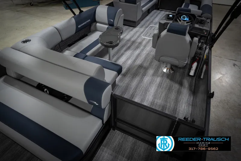 Slide: The Image of Interior of 2026 Bennington 23 SLJ pontoon boat with gray and blue seating. - 13