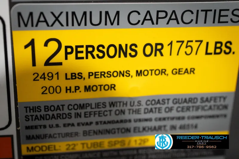 Slide: The Image of 2026 Bennington 23 SLJ boat capacity label: 12 persons or 1757 lbs, 200 HP motor. - 60