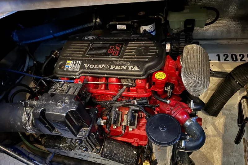 Slide: The Image of Volvo Penta engine in 2008 Cruisers Yachts 395 Motoryacht, showcasing mechanical details. - 35