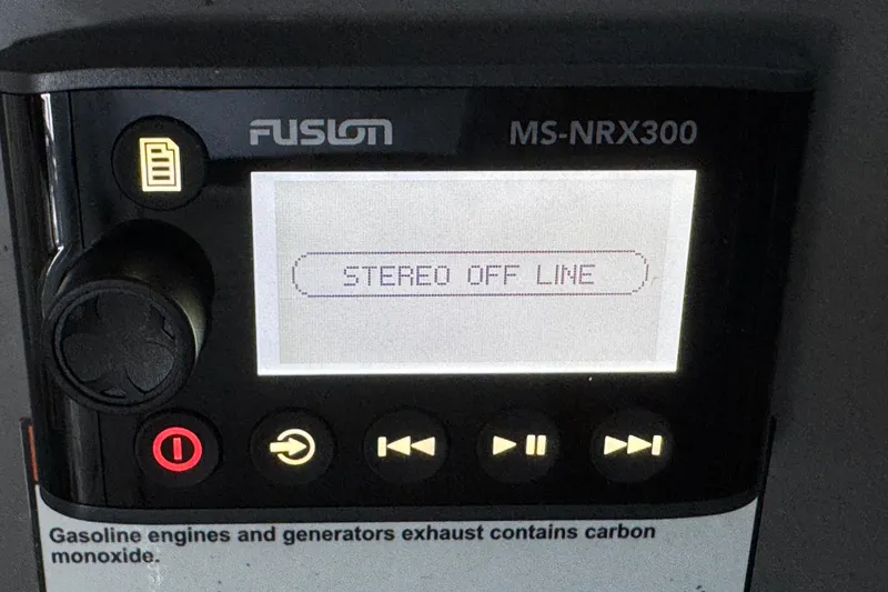 Slide: The Image of Fusion MS-NRX300 stereo display showing "Stereo Off Line" on a 2008 Cruisers Yachts 395 Motoryacht. - 33