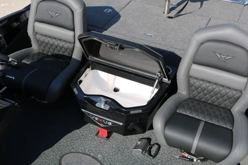 Slide: The Image of 2024 Vexus VXS 20 boat interior with open storage compartment and two cushioned seats. - 34
