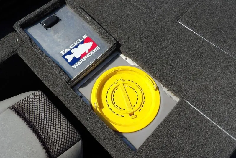 Slide: The Image of 2013 Lowe Stinger ST175 boat deck with Tackle Warehouse storage and yellow hatch. - 14