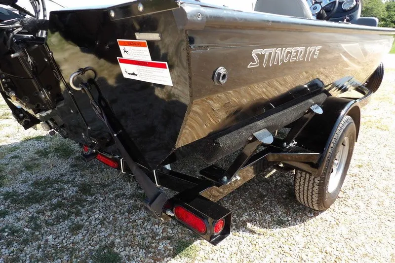 Slide: The Image of 2013 Lowe Stinger ST175 boat on trailer, rear view, black finish. - 36