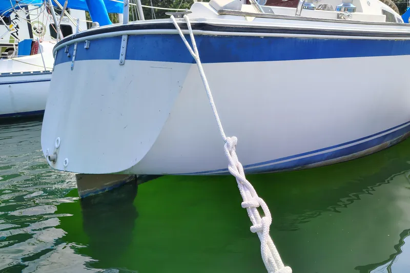 Slide: The Image of 1979 O'Day 28 sailboat moored in calm green water, close-up view. - 8