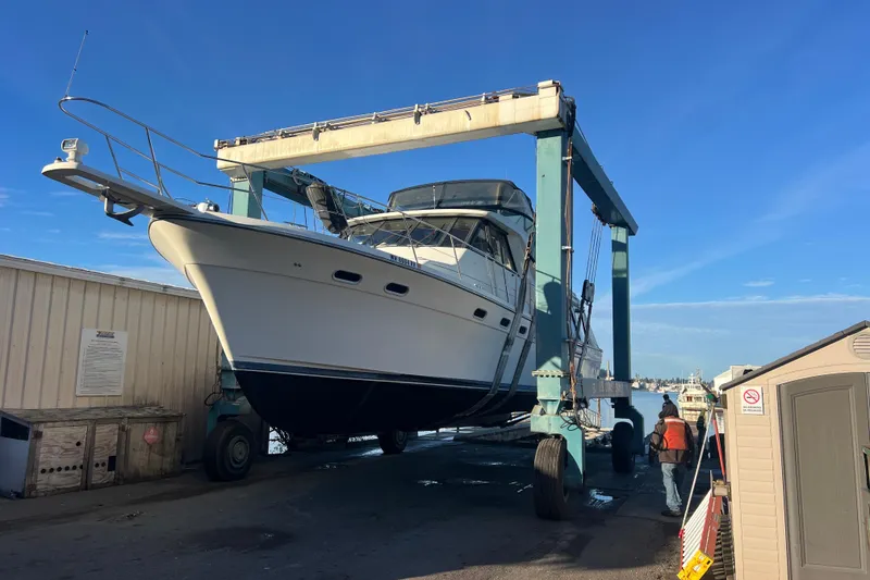 Slide: The Image of 1999 Bayliner 4788 Pilot House Motoryacht in dry dock, undergoing maintenance. - 7