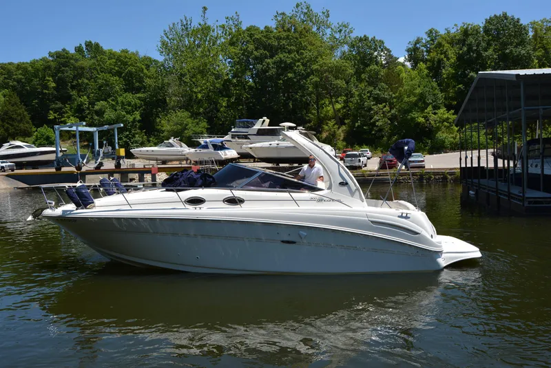 The Image of 2004 Sea Ray 300 Sundancer boat docked on a sunny day with lush greenery. - 0