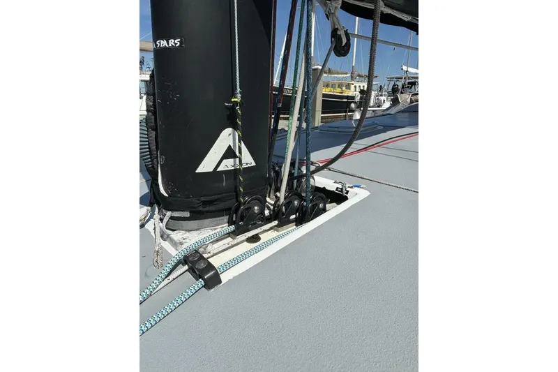 Slide: The Image of Close-up of 2009 Akilaria RC2 sailboat deck with rigging and mast details. - 68