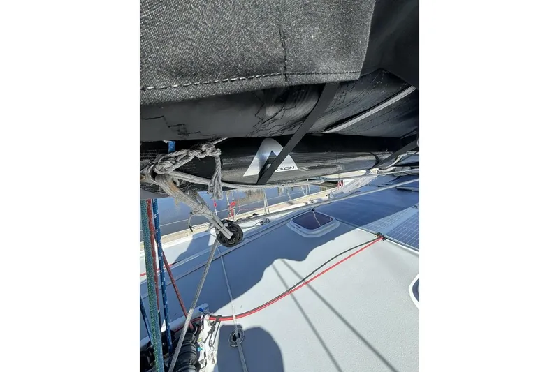 Slide: The Image of Close-up of 2009 Class 40 Akilaria RC2 sailboat deck with rigging and ropes. - 69