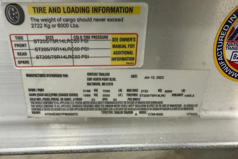 Slide: The Image of 2023 Flexboat Flex 680 Explorer tire and loading information label. - 25