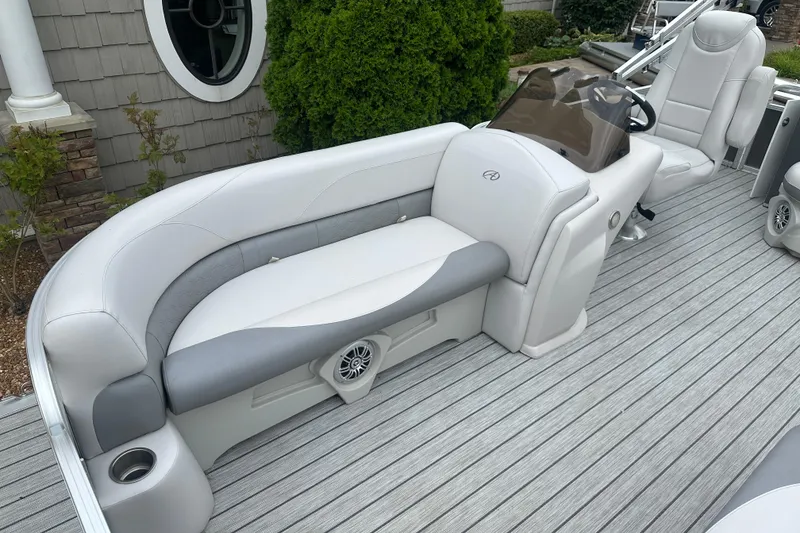 Slide: The Image of 2018 Avalon GS2185 boat interior with gray seating and modern design. - 5