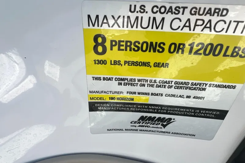 Slide: The Image of 2008 Four Winns H190 boat capacity label, U.S. Coast Guard certified for 8 persons or 1200 lbs. - 39
