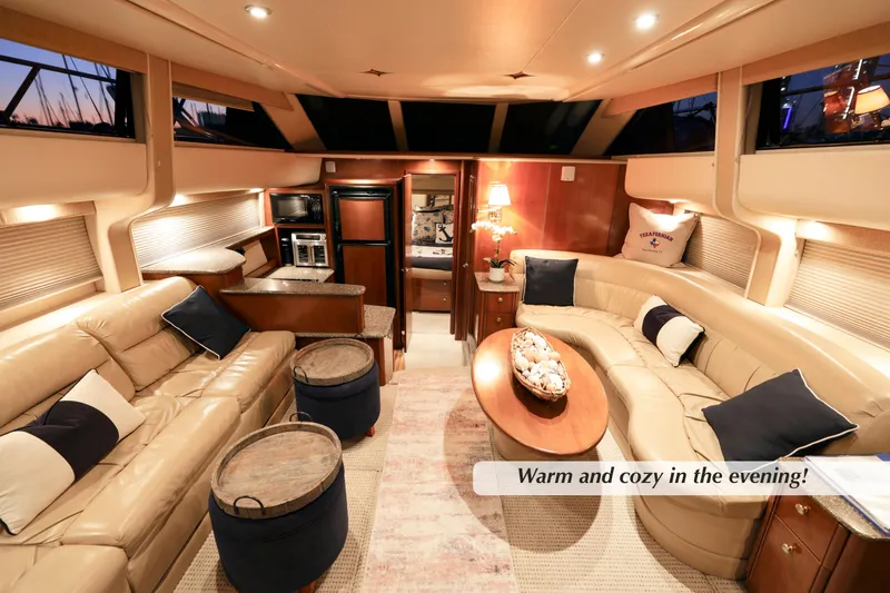 Slide: The Image of Luxurious interior of 2005 Meridian 459 Aft Cabin Motor Yacht, featuring elegant seating and decor. - 22