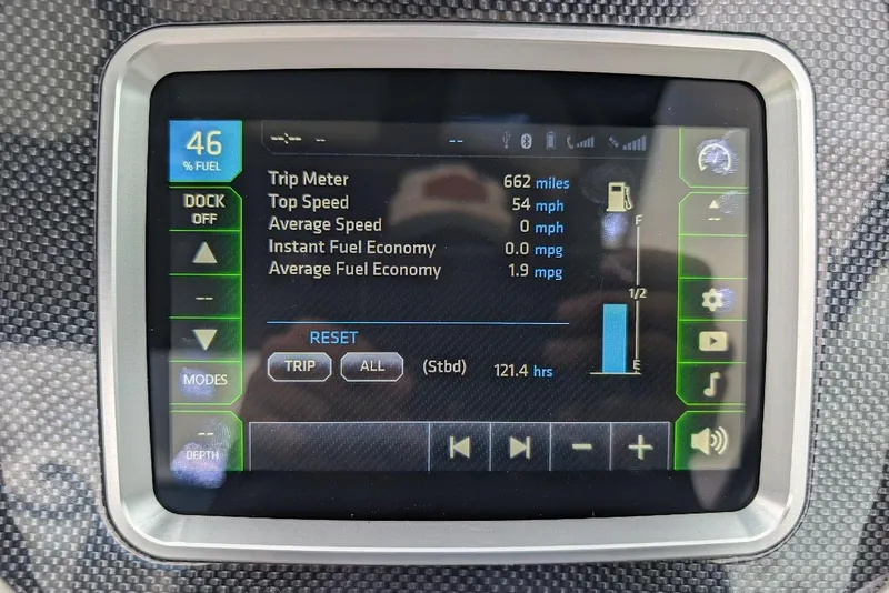 Slide: The Image of 2018 Chaparral Vortex 203 VRX dashboard display showing trip meter and fuel economy details. - 28