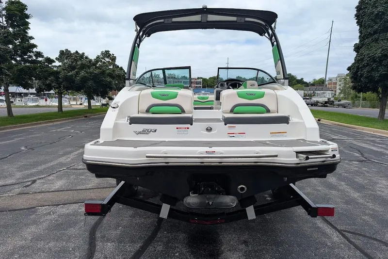 Slide: The Image of 2018 Chaparral Vortex 203 VRX boat, rear view, parked on a trailer. - 6
