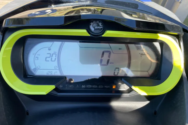 Slide: The Image of 2020 Sea-Doo Wake Pro 230 dashboard display with digital speedometer and fuel indicators. - 8