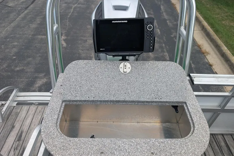 Slide: The Image of 2021 Qwest LS 822 DS Bar boat with fish finder and storage compartment. - 11