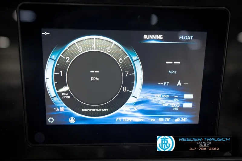 Slide: The Image of Digital dashboard of 2026 Bennington 22 MFB showing RPM and speed metrics. - 35
