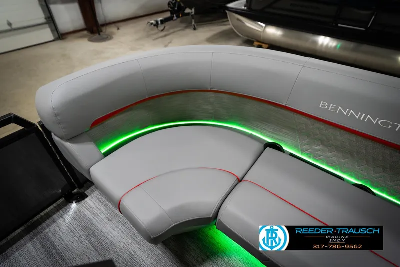 Slide: The Image of Luxurious seating on 2026 Bennington 22 MFB pontoon with ambient green lighting. - 44