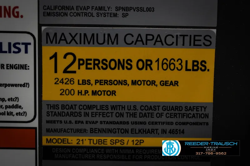 Slide: The Image of 2026 Bennington 22 MFB capacity label: 12 persons or 1663 lbs, 200 HP motor. - 57