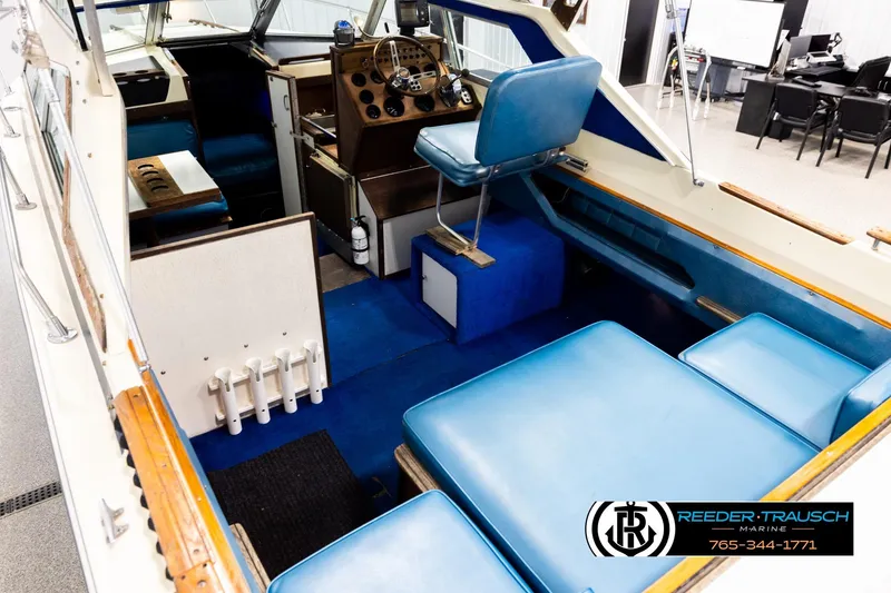 Slide: The Image of 1977 Searay 220 OV boat interior with blue seating and wooden accents. - 10