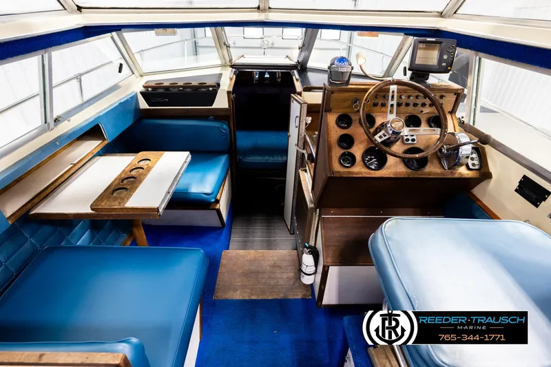 Slide: The Image of 1977 Searay 220 OV boat interior with blue seating and wooden dashboard. - 13