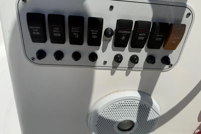 Slide: The Image of Control panel of 2017 Tidewater 196 DC Explorer boat with various switches and speaker. - 23