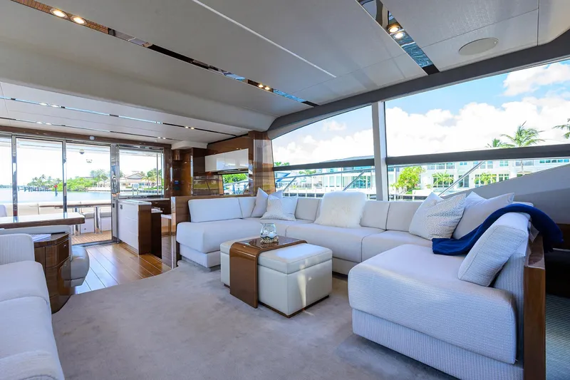 Slide: The Image of Luxurious interior of 2020 Princess F70 yacht with elegant seating and panoramic windows. - 20