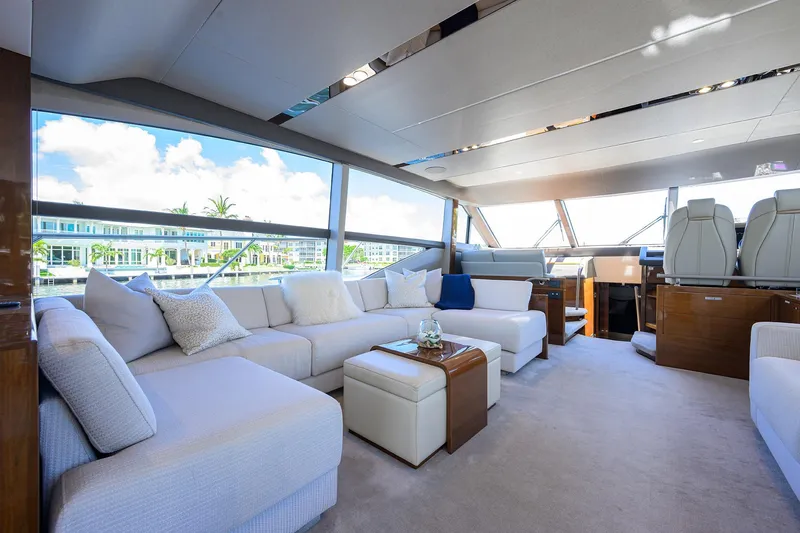 Slide: The Image of Luxurious interior of 2020 Princess F70 yacht with elegant seating and panoramic windows. - 21