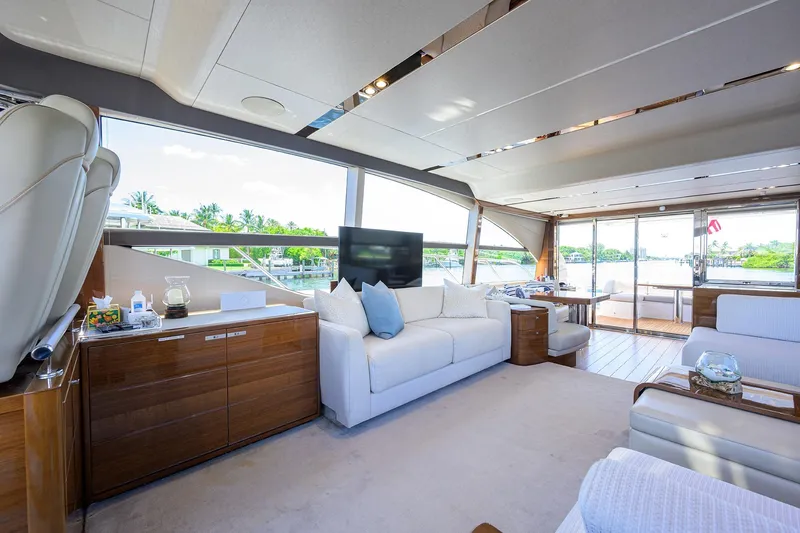 Slide: The Image of Luxurious interior of 2020 Princess F70 yacht with elegant seating and panoramic windows. - 22