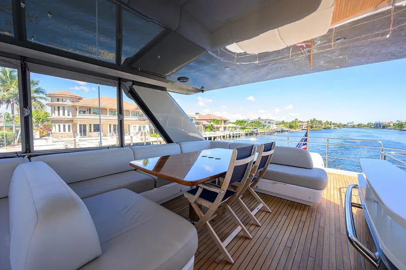 Slide: The Image of Luxurious 2020 Princess F70 yacht deck with elegant seating and waterfront view. - 55
