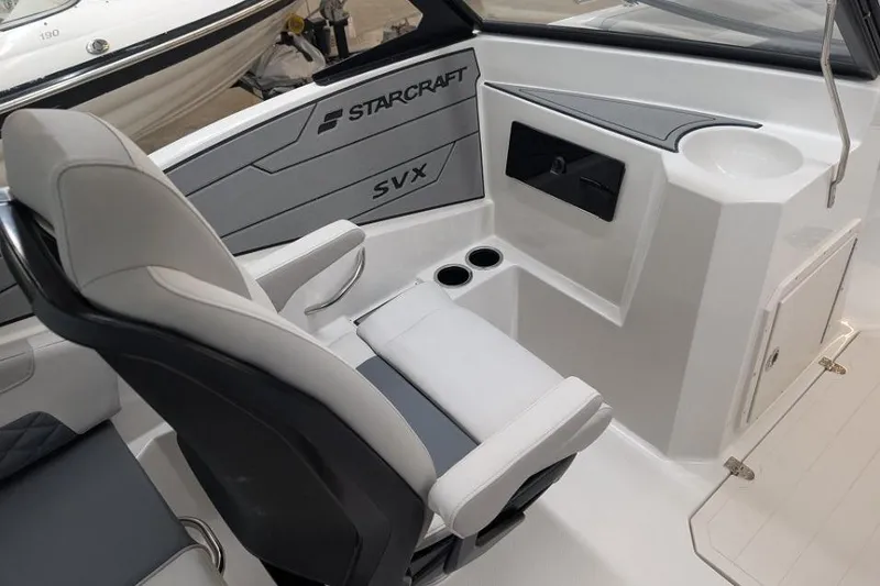 Slide: The Image of 2025 Starcraft SVX 210 IO boat interior with modern seating and cup holders. - 3
