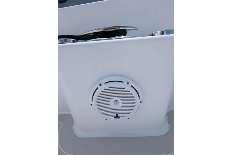 Slide: The Image of 2015 Yellowfin RIB boat speaker and cleat detail, showcasing marine audio equipment. - 20