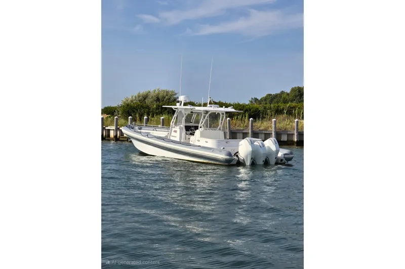 Slide: The Image of 2015 Yellowfin RIB boat with triple engines docked on calm water. - 3