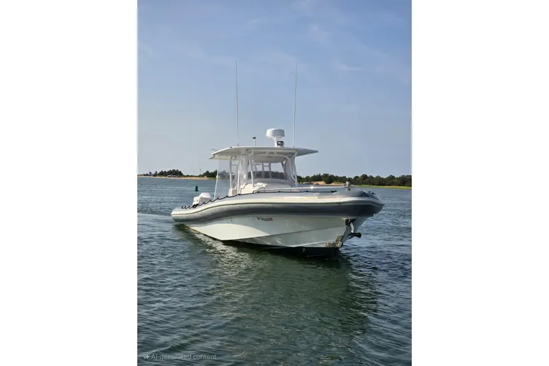 Slide: The Image of 2015 Yellowfin RIB boat on calm water under clear sky. - 4